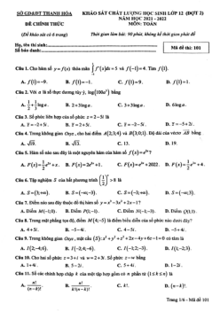 Đề thi thử THPT Quốc gia 2022 môn Toán lần 2 Sở GD&ĐT Thanh Hóa (có đáp án)