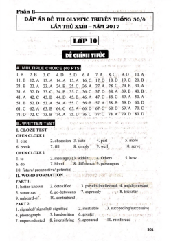(Đáp án) Kỳ thi Olympic truyền thống 30/4 Lần thứ XXIII Năm 2017 Môn Tiếng Anh 10