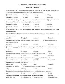 Đề thi thử THPT Quốc gia môn Tiếng Anh năm 2021 trường THPT Yên Dũng lần 2 (có đáp án)