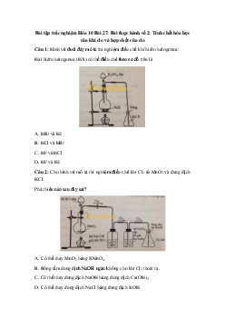 Trắc nghiệm Hóa học 10 bài 27: Bài thực hành số 2: Tính chất hóa học của khí clo và hợp chất của clo