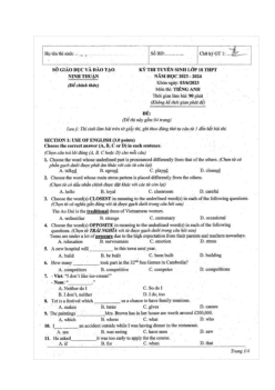 Đề thi vào 10 môn Tiếng Anh năm 2023 - 2024 Sở GD&ĐT Ninh Thuận