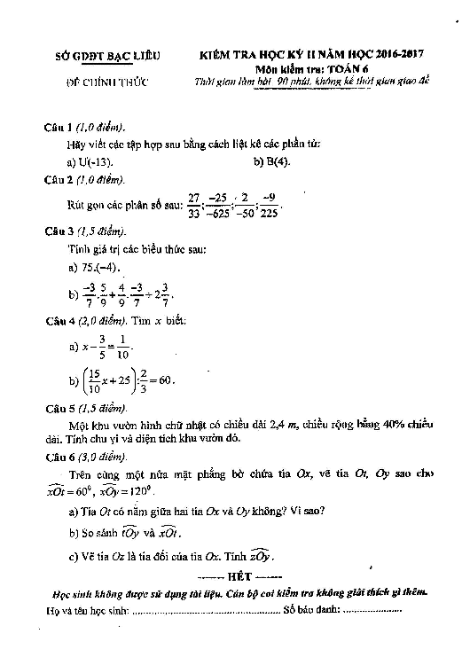 Đề thi HK2 Toán 6 năm học 2016 – 2017 sở GD và ĐT Bạc Liêu