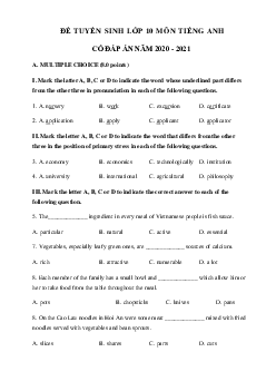 Đề thi tuyển sinh lớp 10 môn Anh số 7 năm 2020-2021