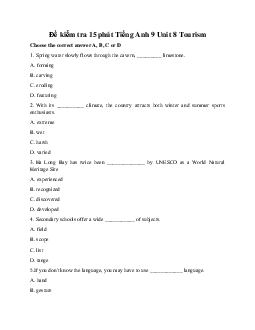Đề kiểm tra 15 phút Tiếng Anh 9 Unit 8 Tourism