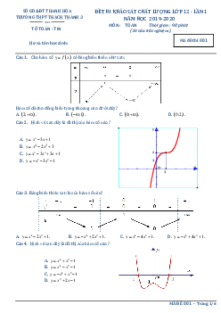 Đề khảo sát Toán 12 lần 1 năm 2019 – 2020 trường Thạch Thành 3 – Thanh Hóa