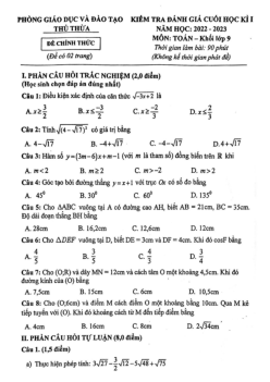 Đề cuối học kì 1 Toán 9 năm 2022 – 2023 phòng GD&ĐT Thủ Thừa – Long An