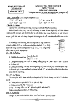 Đề thi cuối học kì 2 Toán 9 năm 2023 – 2024 phòng GD&ĐT Ba Vì – Hà Nội