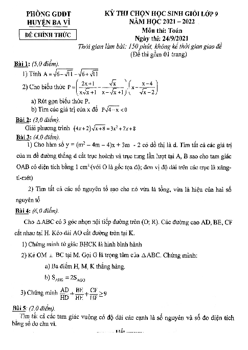 Đề thi học sinh giỏi Toán 9 năm 2021 – 2022 phòng GD&ĐT huyện Ba Vì – Hà Nội