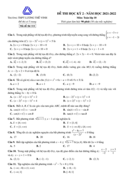 Đề thi học kỳ 2 Toán 10 năm 2021 – 2022 trường Lương Thế Vinh – Hà Nội