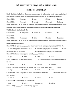 Đề thi thử THPT Quốc gia môn Tiếng Anh năm 2021 trường THPT chuyên Thái Bình lần 2 (có đáp án)
