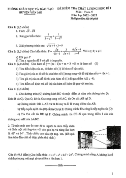 Đề học kì 1 Toán 9 năm 2022 – 2023 phòng GD&ĐT Yên Mô – Ninh Bình