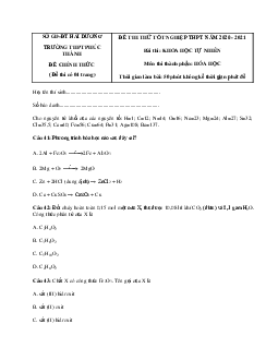Đề thi thử THPT Quốc gia năm 2021 môn Hóa học Trường THPT Phúc Thành, Hải Dương