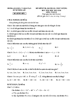 Đề kiểm tra Toán 8 đầu năm 2023 – 2024 phòng GD&ĐT Kim Sơn – Ninh Bình