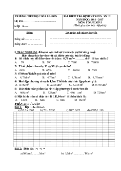 Đề thi giữa học kì 2 môn Toán lớp 5 trường tiểu học số 1 Ba Đồn năm 2016-2017