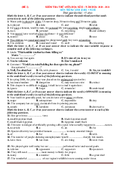Đề thi giữa học kỳ 2 Tiếng Anh 12 có đáp án (đề 2)