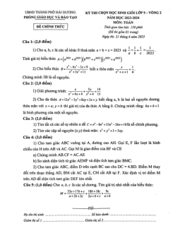 Đề HSG Toán 9 vòng 2 năm 2023 – 2024 phòng GD&ĐT thành phố Hải Dương