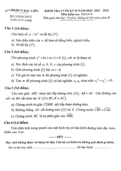 Đề kiểm tra cuối kỳ 2 Toán 9 năm học 2021 – 2022 sở GDKHCN Bạc Liêu