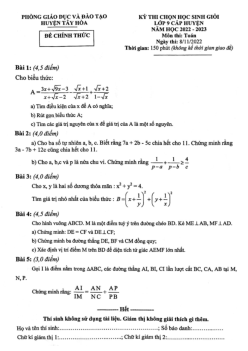 Đề học sinh giỏi huyện Toán 9 năm 2022 – 2023 phòng GD&ĐT Tây Hòa – Phú Yên