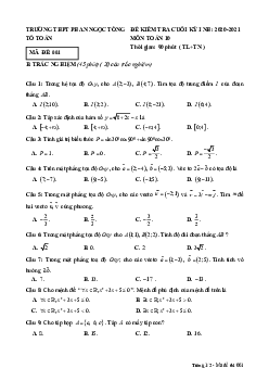 Đề thi HK1 Toán 10 năm 2020 – 2021 trường THPT Phan Ngọc Tòng – Bến Tre