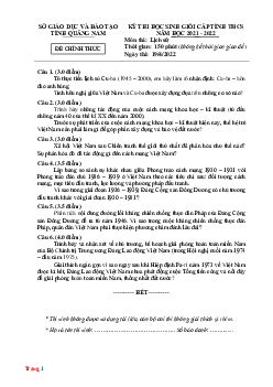 Đề Thi Học Sinh Giỏi Lịch Sử Lớp 9 Sở GD Quảng Nam 2021-2022 (Có Lời Giải)