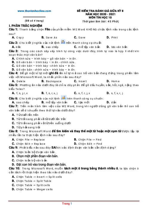 Đề thi giữa học kỳ 2 Tin học 10 có đáp án
