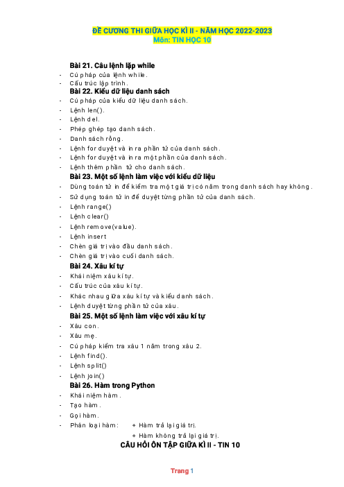 Đề cương ôn tập giữa học kỳ 2 Tin 10 Kết nối tri thức năm học 2022-2023