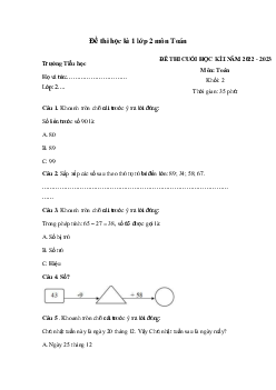 Đề thi học kì 1 lớp 2 môn Toán năm 2022-2023 (Đề 3) | Chân trời sáng tạo