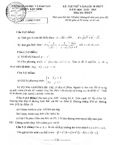 Đề thi thử vào lớp 10 môn Toán năm 2020 – 2021 phòng GD&ĐT Lộc Bình – Lạng Sơn