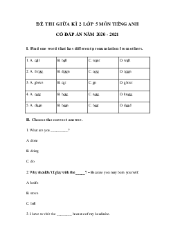 Đề thi tiếng Anh lớp 5 giữa học kì 2 năm 2020 - 2021