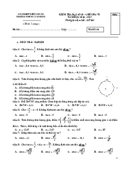 Đề kiểm tra Đại số 10 chương 6 (Công thức lượng giác) trường THPT Cây Dương – Kiên Giang