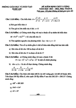 Đề kiểm định chất lượng Toán 8 năm 2021 – 2022 phòng GD&ĐT Nghi Lộc – Nghệ An