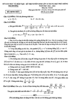 Đề tuyển sinh lớp 10 THPT môn Toán năm 2022 – 2023 sở GD&ĐT Hải Dương