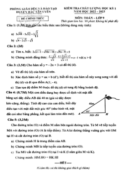 Đề học kỳ 1 Toán 9 năm 2022 – 2023 phòng GD&ĐT Bắc Tân Uyên – Bình Dương