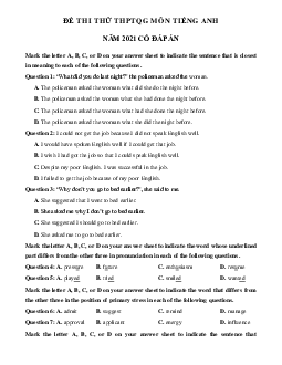 Đề thi thử THPT Quốc gia 2021 môn Tiếng Anh trường THPT Lê Văn Hưu lần 1 (có đáp án)