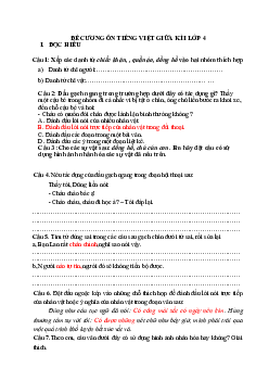 Đề cương ôn tập giữa học kì 1 môn Tiếng Việt 4 sách Cánh diều