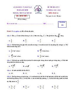 Đề thi học kì 1 Toán 12 năm 2019 – 2020 trường THPT Nguyễn Du – TP HCM