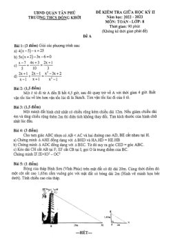 Đề giữa học kỳ 2 Toán 8 năm 2022 – 2023 trường THCS Đồng Khởi – TP HCM