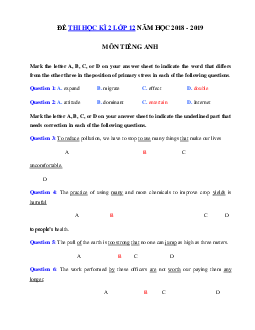 Đề thi học kì 2 lớp 12 môn Tiếng Anh năm học 2018 - 2019 số 1