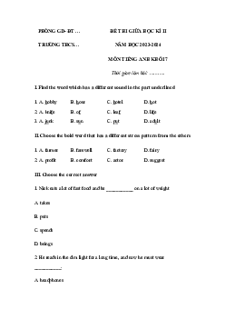 Đề thi giữa học kì 2 môn Tiếng Anh 7 năm 20233 - 2024 sách Cánh diều - Đề 1