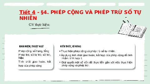 Giáo án điện tử Toán 6 Bài 4 Kết nối tri thức: Phép cộng và phép trừ số tự nhiên