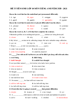 Đề thi vào lớp 10 môn tiếng Anh sở GD&ĐT Hà Nội năm 2020-2021