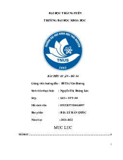 Bài Tiểu luận học phần Địa lý Hàn Quốc | Trường Đại học Khoa học, Đại học Thái Nguyên
