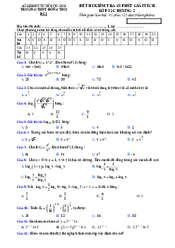 Đề kiểm tra 45 phút Giải tích 12 chương 2 (Mũ – Logarit) trường THPT Đông Thọ – Tuyên Quang