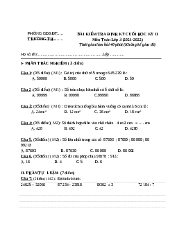 Đề thi cuối kì 2 lớp 3 môn Toán học kì II - đề 5 năm 2022 - 2023 | Chân trời sáng tạo