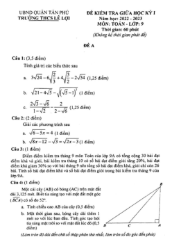 Đề giữa kỳ 1 Toán 9 năm 2022 – 2023 trường THCS Lê Lợi – TP HCM
