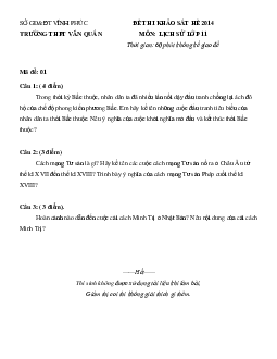 Đề thi khảo sát chất lượng đầu năm học 2014-2015 lớp 11 trường THPT Văn Quán, Vĩnh Phúc môn Lịch sử | Kết nối tri thức