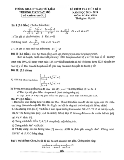 Đề thi giữa kì 2 Toán 9 năm 2023 – 2024 trường THCS Tây Mỗ – Hà Nội
