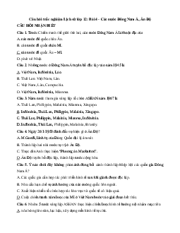Câu hỏi trắc nghiệm Lịch Sử lớp 12: Bài 4 - Các nước Đông Nam Á, Ấn Độ