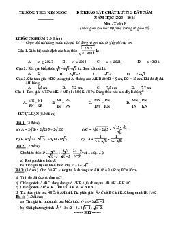 Đề khảo sát Toán 9 đầu năm 2023 – 2024 trường THCS Kim Ngọc – Vĩnh Phúc