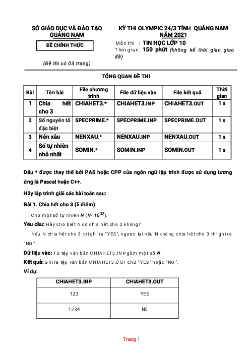 Đề thi Olympic Tin học 10 Sở GD&ĐT Quảng Nam 2021 có đáp án